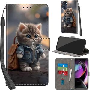 Case Wallet for Motorola Moto G 2022, with [3 Card Slots], Kickstand Magnetic Closure PU Leather Shockproof Protective Flip Cover 6.5", Cat