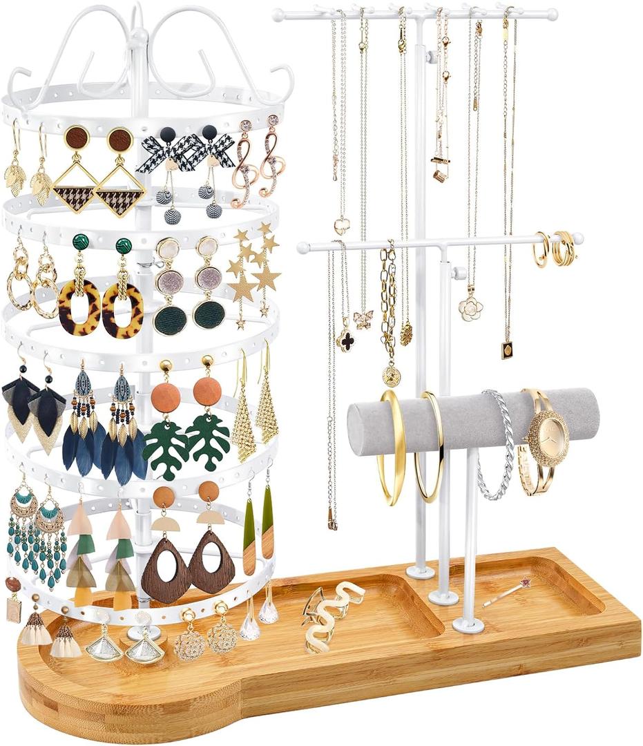 Jewelry Organizer Stand with Bamboo Base, Metal Rotating Earring Holder Organizer, Multi-Functional Adjustable Necklace Rack Holder Bracelet Watch Holder for Jewelry Earrings Ring