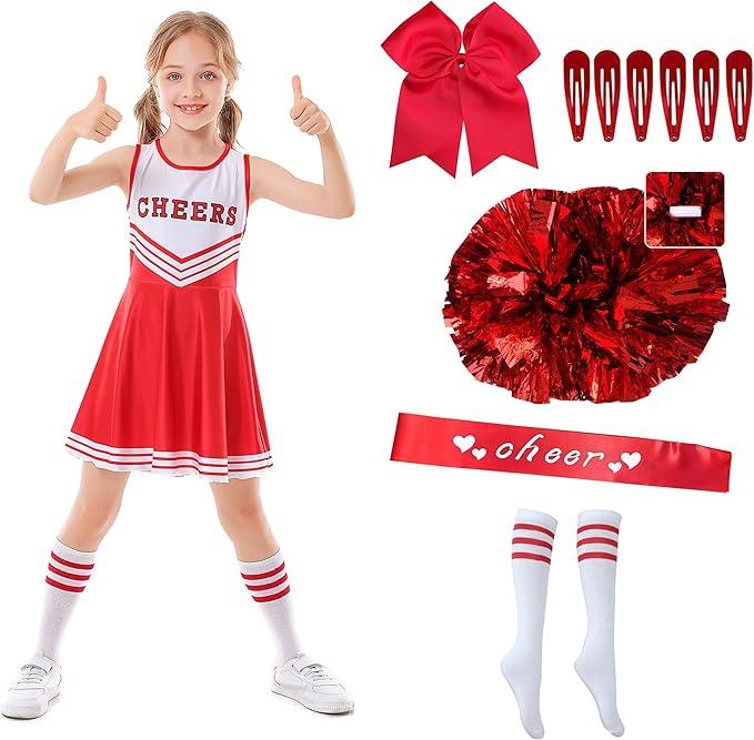 5Pack Cheerleader Costume Outfit for Girls Sparkly Cheer Dress with Striped Socks Bowtie Headpiece & Pom Poms Complete Set for Halloween Party School Events Uniform Outfit Age 7-8 Years (Red)