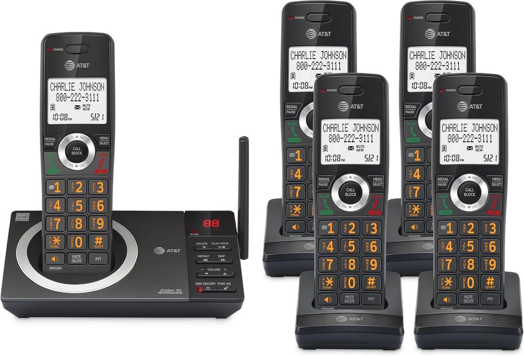 AT&T 5-Handset Expandable DECT 6.0 Cordless Home Phone with Large Display, Big Buttons, Answering Machine, Smart Call Blocker, Long Range, Caller ID, Speakerphone, Intercom: CL82518 (Charcoal Black)