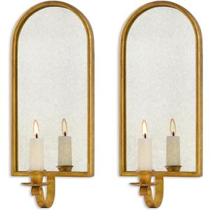 NIKKY HOME Gold Wall Candle Sconces Set of 2, Antique Mirrored Wall Taper Candle Holder - Vintage Elegant Metal Hanging Candlestick for Living Room, Bathroom, Dining Room and Office