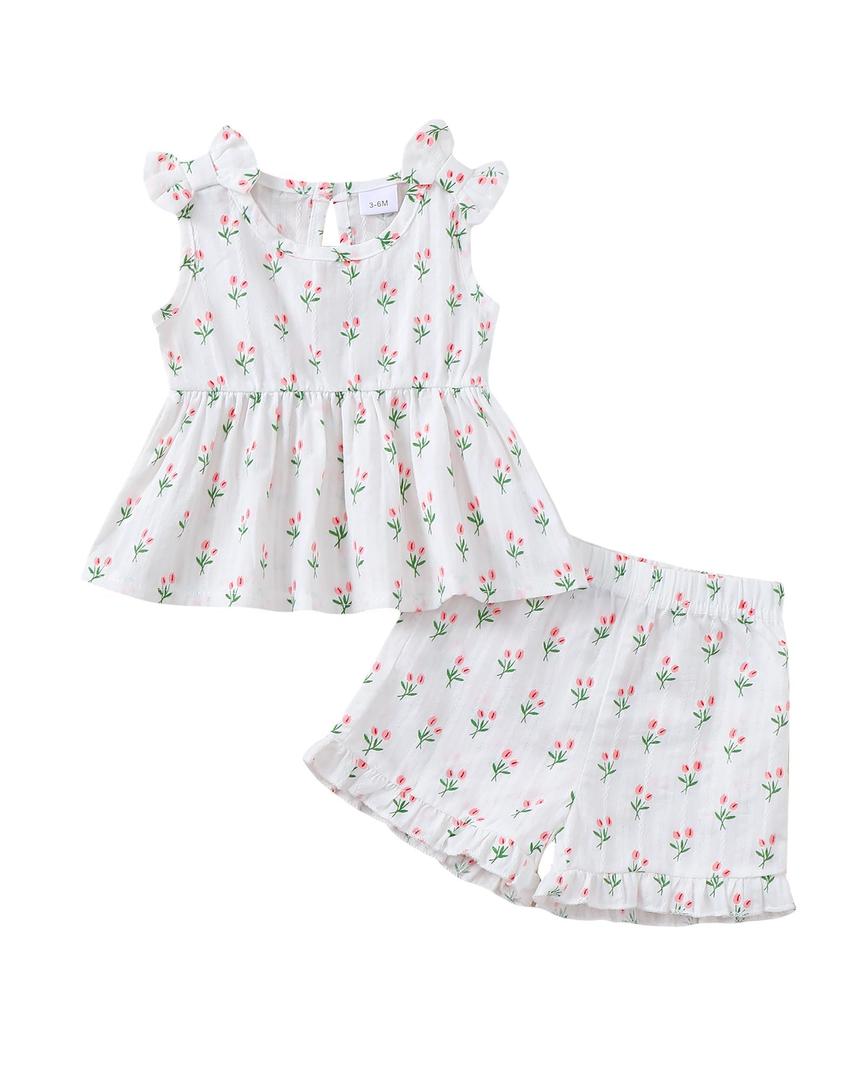 Kucnuzki 12-18 Month Summer Kids Girl Clothes Sleeveless White Top Floral T Shirt Cute Toddler Shorts 2 Piece Outfit Lounge Set Boutique Clothing