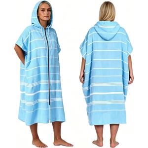 1pcs Zipper Surf Poncho Cotton Turkish Towel Beach Cover Up Changing Robe with Hood and Front Pocket Absorbent Wearable Towel Hooded Beach Towel for Adult Man Women Beach Pool (Blue, L)