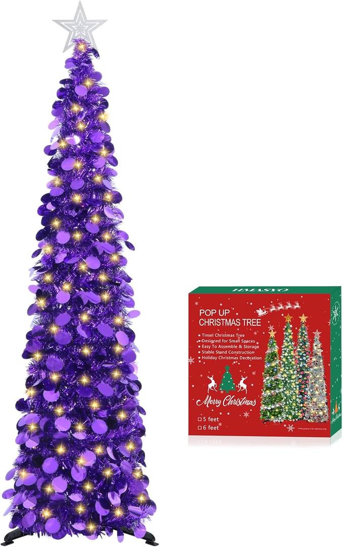 HMASYO 6 FT Pop Up Christmas Tree with 100 LED Lights & Remote, Purple Christmas Tinsel Tree, Collapsible Artificial Pencil Tree for Home Office Party Decor, USB Powered Timer Lights, Easy Assembly