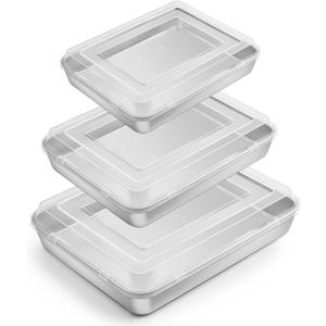 E-far Baking Pan with Lid(12.4/10.4/9.4 inch), Stainless Steel Rectangular Sheet Cake Pans with Cover, Metal Bakeware Sets for Lasagna Casseroles Brownie, Non-toxic & Dishwasher Safe - 3 Pans + 3 Lids