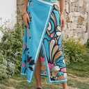 Tankaneo Women Floral Wrap Maxi Skirt Boho Elastic High Waisted Zipper Split A Line Flower Midi Skirts (Blue, S)