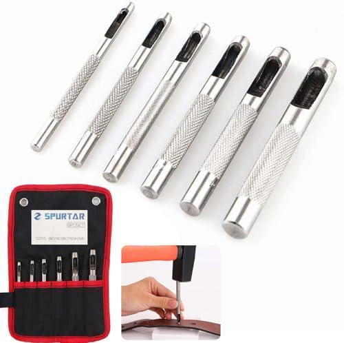 Spurtar 6PCS Leather Hole Punch 1/8'' - 5/16'' Heavy Duty Round Hollow Belt Hole Puncher High Carbon Steel Leather Punch Tool for Belts Watch Cloth Gaskets with Storage Bag