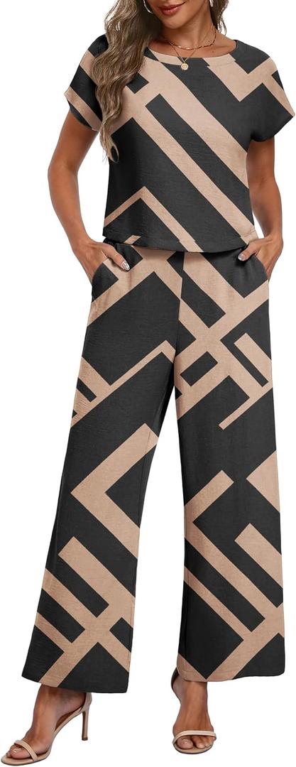 Lepunuo 2 Piece Sets for Women Summer Cap Sleeve Crop Top Wide Leg Pants Matching Lounge Set Vacation Beach Travel Outfits, S