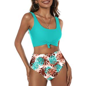 ZAFUL Women's High Waisted Swimsuit Scoop Neck Textured Floral Bikini Set 2 Piece Bathing Suit (S)