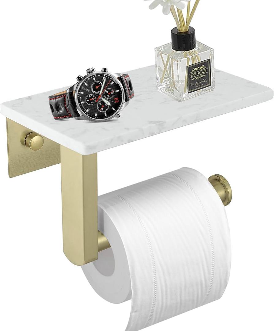 BWE Marble Toilet Paper Holder with Shelf, Brushed Gold Bathroom Toilet Paper Holder Wall Mounted, 304 Stainless Steel Toilet Paper Roll Holder Tissue Holder