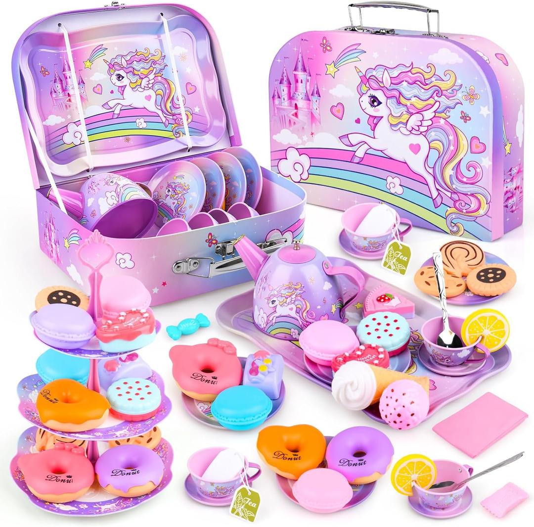 Auney Tea Set Toys for Girls 36pcs, Unicorn Tea Party Toy Pretend Play Toddler Toys, Girls Toys for Birthday Including Carrying Case (Pink Purple Unicorn)