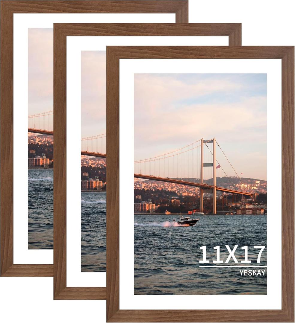 11x17 Picture Frame 3 Pack - Brown Poster Frame Display Pictures 9x15 with Mat or 11 x 17 Without Mat for Wall Hanging Horizontal and Vertical