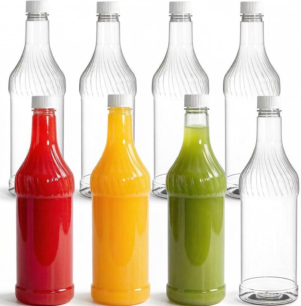 Noamus 8 Pack 33 oz Plastic Soda Bottles with Caps, 1L Reusable Empty Clear PET Juice Container, Disposable Wine Bottles with White Lid for Drinking Beverage Water Liquor Beer Milk Smoothies