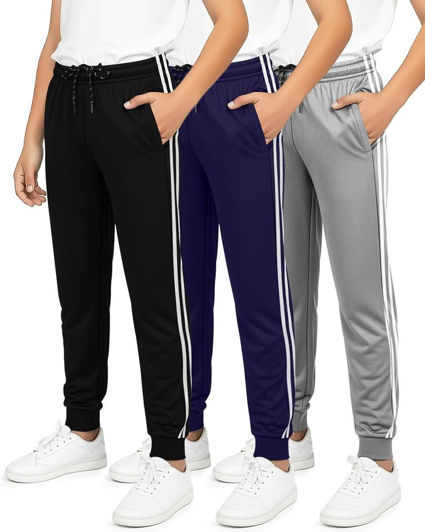 Real Essentials 3 Pack: Boy's Mesh Jogger Sweatpants - Youth Kids Baseball Football Athletic Pants with Pockets (L)