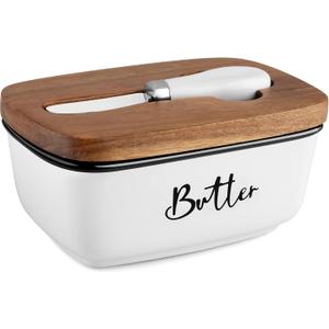 Ceramic Butter Dish with Lid and Knife for Countertop, Airtight Butter Keeper for Counter or Fridge, Butter Container with Thick Acacia Wood Lid, for Farmhouse Kitchen Decor and Accessories, White
