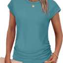 SAMPEEL Womens Summer Tops Trendy 2025 Ruched Cap Short Sleeve Tshirts Shirts Crew Neck T Shirts Fashion (Large)