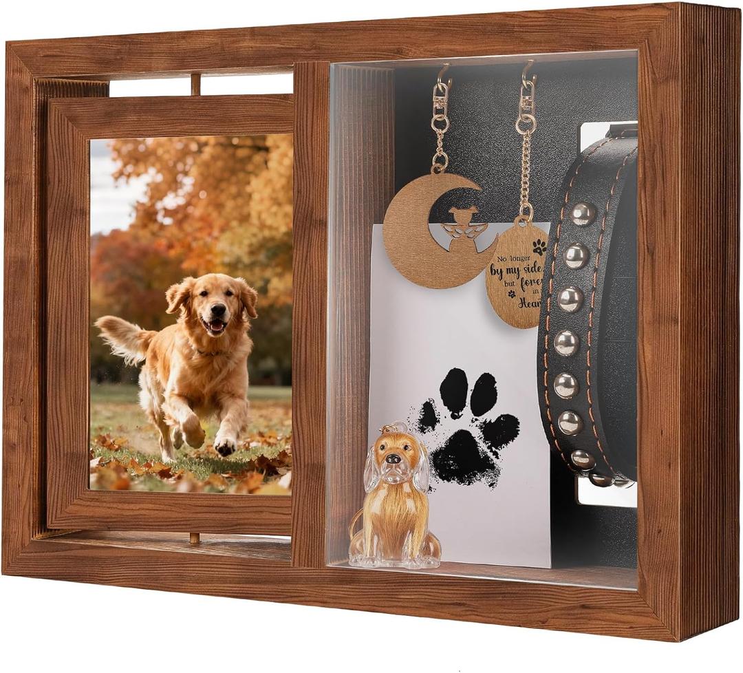 Dog & Cat 3-in-1 Memorial Wooden Picture Frame Set, Lost Pet Sympathy Gifts with 360 Rotation Wooden Picture Frame for Two 4"x6" Photos, Pet Memory Gifts for Dog/Cat Passing