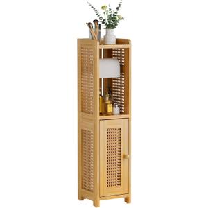 AmazerBath Toilet Paper Holder Cabinet, Bamboo Toilet Paper Holder Stand for Bathroom, Small Toilet Paper Storage Cabinet with Rattan Door, 30.3x7.8x7 inches