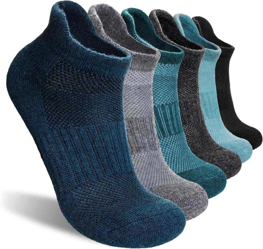 Merino Wool Ankle Hiking Socks For Men & Women No Show Running Athletic Support Thick Cushioned Breathable Socks 6 Pairs (Blue & Green, 6-9)