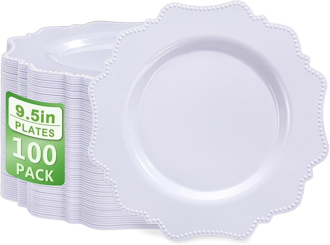 COLOSUS 100pcs 9.5 Inch-White Plastic Dinner Plates, Fancy White Plastic Plates,Heavy Duty Disposable Dinner Plates for Party Thanksgiving and Everyday Use