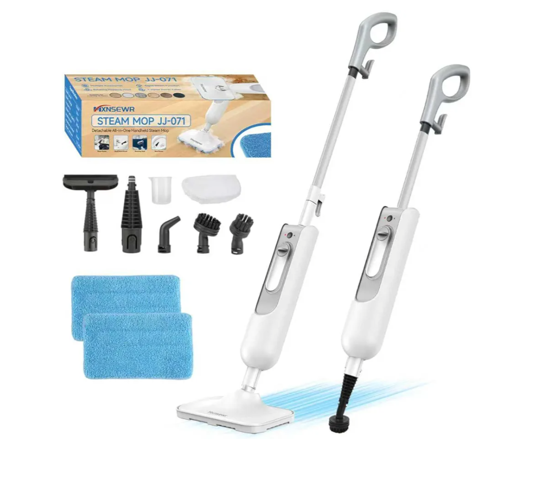 Steam Mop All-in-one Multi-Functional Powerful Steam Cleaner, Handheld Detachable Floor Steamer with 2 Steam Level, 380ML Water Tank & 23FT Power Cord for Whole Home Use（White