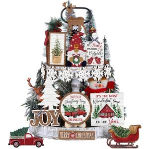 Christmas Tiered Tray Decor Winter Tiered Tray Decorations Set Snowman Snowflake Gnome Truck Wooden Signs Farmhouse Christmas Table Decorations for Home Table Shelf(Rustic Style)