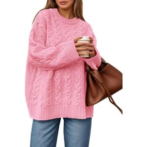 Saodimallsu Womens Cable Knit Sweater Oversized Long Sleeve Chunky Knit Crew Neck Fall Pullover Sweaters Top (Medium, Pink)