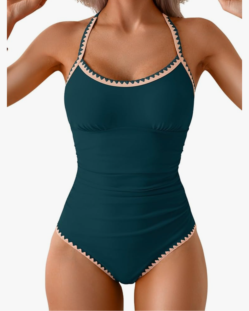 Eomenie Women's One Piece Swimsuit Tummy Control Slimming Bathing Suit Ruched Swimwear Tie Back Shell Stitch Swim Suit, Dark Blue, Large 