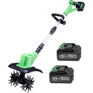 Cordless Tiller Cultivator, 360RPM Battery Powered Garden Cultivator, with 2 * 3.0Ah Batteries & Charger, 9In Tilling Width & 6In Depth Tiller for Gardening