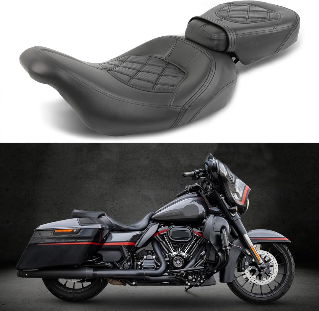 Low-Profile Leather Seat Pillion Passenger Rider Seat Set Compatible with Harley Touring Road King Street Glide Road Glide Electra Glide CVO 2009-2023 (Black stitching)