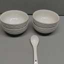Artena Soup & Cereal Bowls With Spoons, 26 OZ Embossed Ceramic Ramen Bowl Set, 6 Inch White For Salad, Pho, Breakfast, Set Of 4, Dishwasher & Microwave Safe (Seawave)