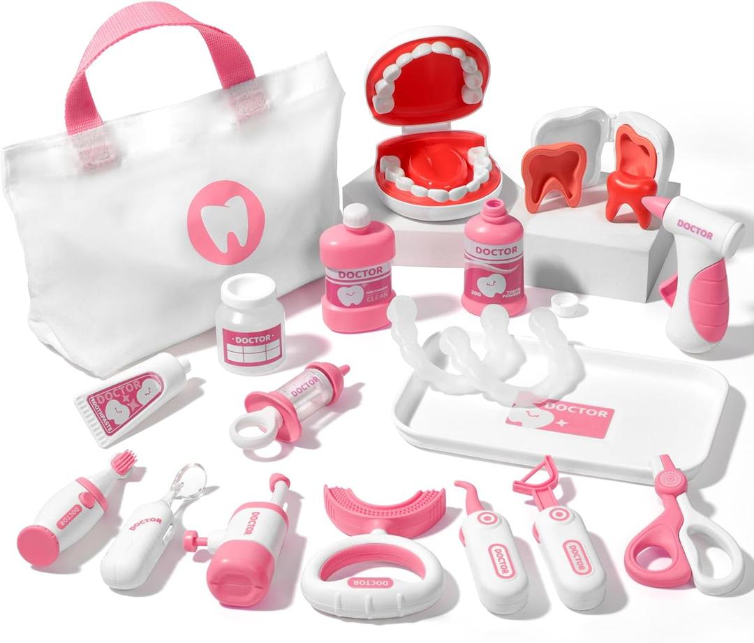 Liberry Toy Doctor Kit for Toddlers 3 4 5 Years Old, 22 Pieces Dentist Playset with Medical Bag & Dental Tools, Doctor Pretend Play Set for Girls (Pink)