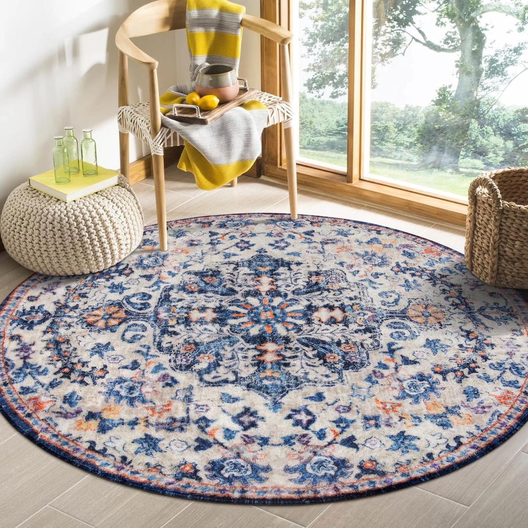 Lahome Reine Round Rug 4ft, Washable Bathroom Rug Non Slip Entryway Circle Mat, Bohemian Vintage Non-Slip Non-Shedding Low Pile Printed Indoor Carpet for Kitchen Laundry Entryway, Blue Purple/Multi