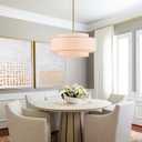 Modern Drum Chandelier Vintage Modern Chandelier Light Fixture with Linen Shade Golden Farmhouse Drum Chandeliers for Dining Room, Kitchen Island, Living Room, Bedroom