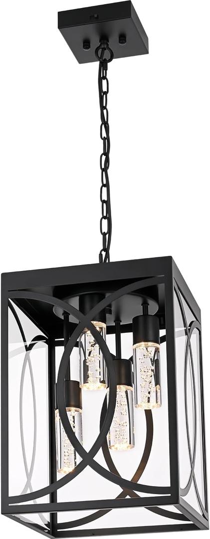 Outdoor Pendant Light Fixture, 3-Light Black Large Exterior Hanging Lantern with Clear Glass, Metal Outdoor Chandelier Porch Lighting for Front Porch Entrance
