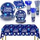 Norme 176 Pcs Navy Blue and Silver Birthday Tableware Set Birthday Decoration Includes Tablecloth Paper Plates Napkins Paper Cups Forks Knifes and Straws for 25 Guests Party Supplies (Classic)