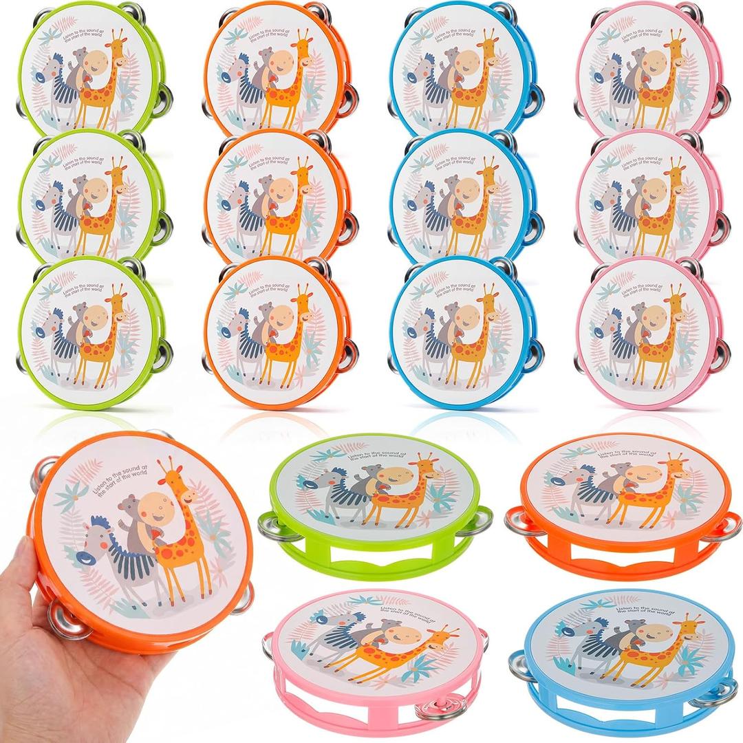 12 Pack Hand Tambourines 5.1", Metal Jungle Animals