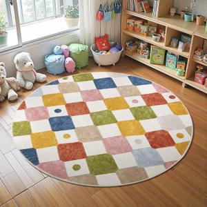 jinchan Macy Round Rug 4ft Kids Washable Rug Indoor Floor Cover Non-Slip Soft Modern Elementary School Classroom Colorful Diamond Carpet for Nursery Daycare Playroom Living Room Circus on Cream
