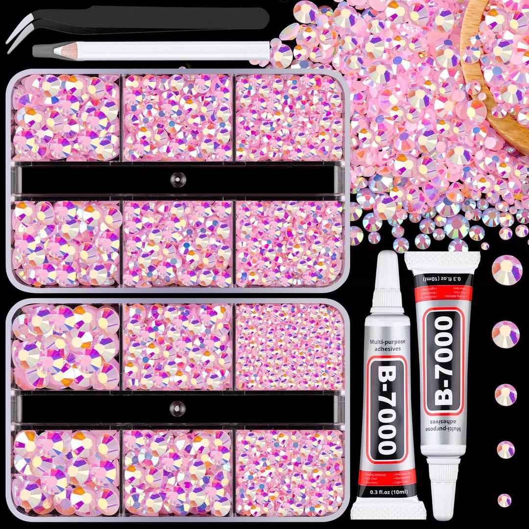 Resin Jelly Rhinestones for Crafting with B7000 Jewelry Glue, 2 Boxes Light Pink AB Flatback Crystals with 2Pcs 10ml Glue, Bedazzling Non Hotfix Gems for DIY Tumblers Clothing Shoes Manicure