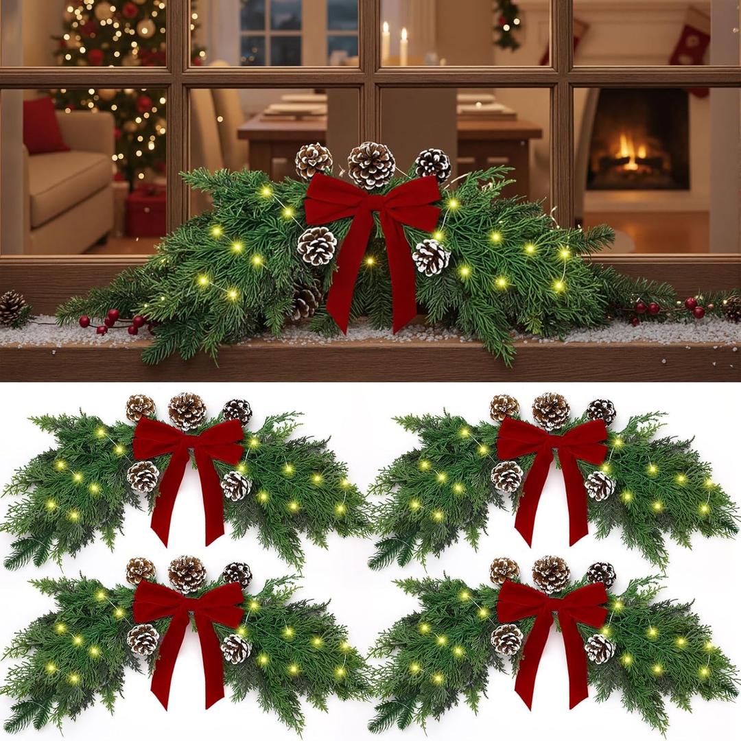 Hungdao 4 Pcs Christmas Cedar Swags with Lights 28  12 Inches Greenery Pine Window Swags Christmas Wreath Garland with Cone Red Bows for Rustic Door Farmhouse Wall Home Mantel Fireplace Hanging