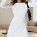 Women Sexy Boat Neck Backless Mesh Mini Dress Solid Slim Fit Bell Long Sleeve Self Tie Back Sheer Short Dresses (White, M)
