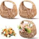 3 Pack Rattan Flower Girl Baskets, Small Half Moon Wicker Baskets with Handles Plastic Liner for Wedding Flower Girl, Decorative Eggs Candy Garden Storage, Gifts, Camping