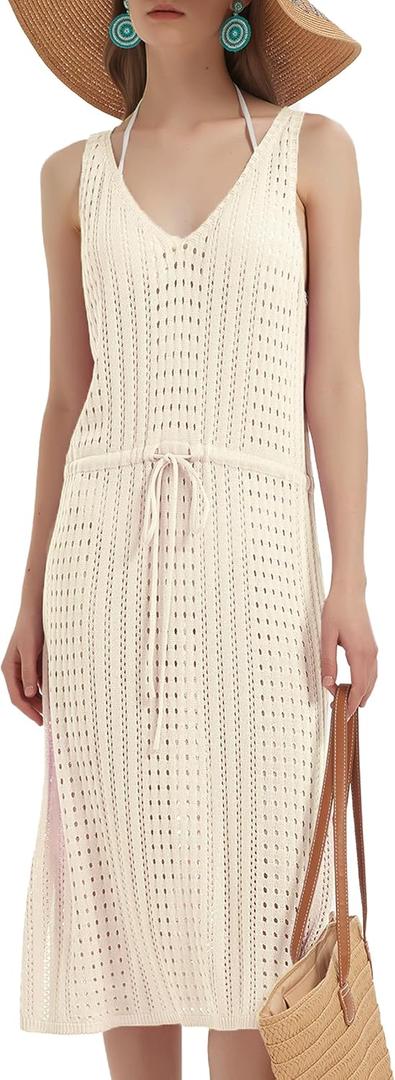 Ross&Freckle Women's Summer Swimsuit Bikini 2025 Beach Swimwear Crochet Cover up Hollow Out Crop Sleeveless Swim Outfit (L)