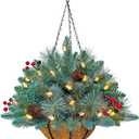 18 Inches Pre-lit Blue Spruce Artificial Christmas Hanging Basket with Red Berries, Pine Cones,40 C3 Dual-Color Multi-Functional Battery Operated LED Lights with Timer