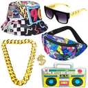 Gionforsy Hip Hop Costume Kit 80s 90s Outfits Accessories Rapper Accessories Bucket Hat Sunglasses Gold Chain Ring (90s Vintage)