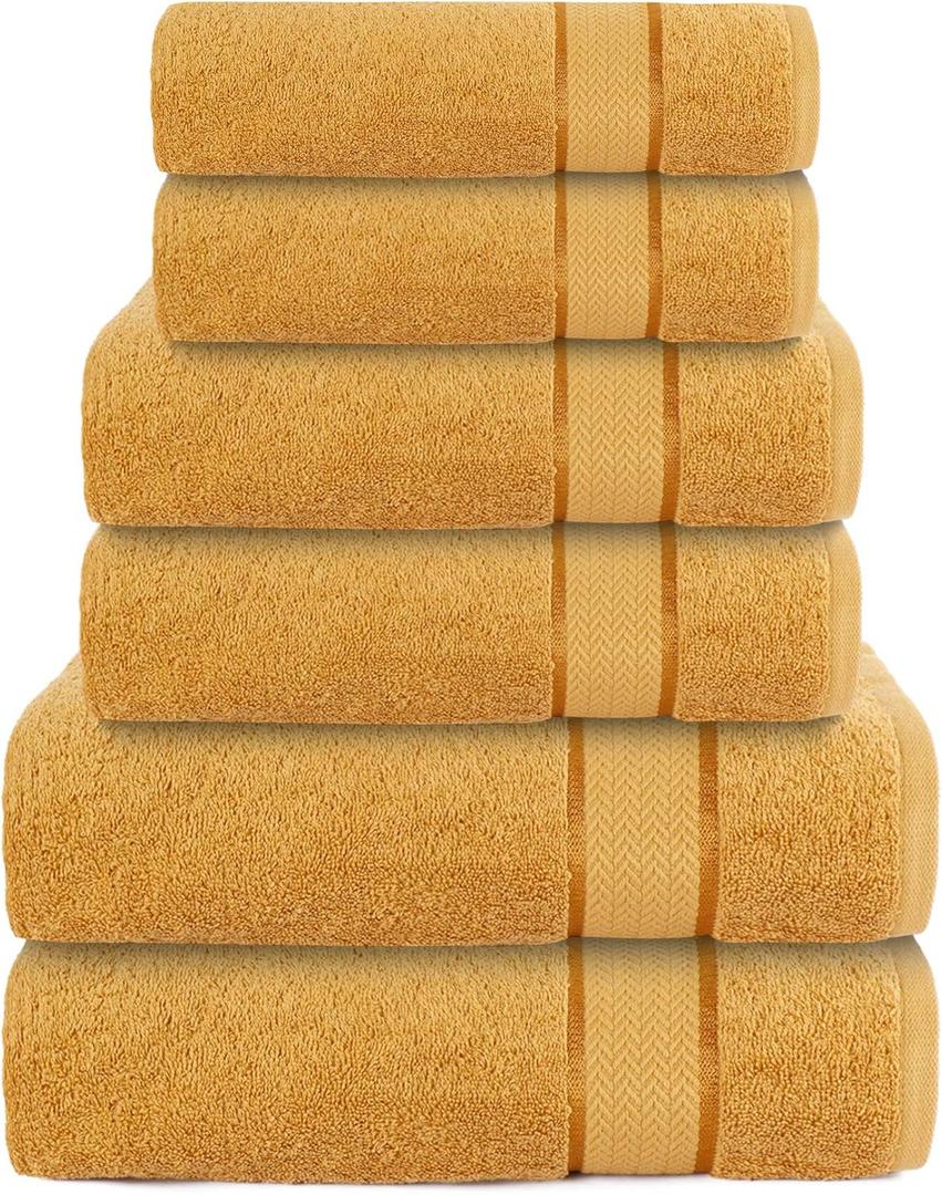 Luxury Bath Towels Set-100% Cotton- 2 Bath, 2 Hand & 2 Washcloths - Large, Premium, Thick, Fluffy, Absorbent, Quick Dry, Soft & Plush - 6 Piece Luxury Bathroom Towels - Gold/Golden
