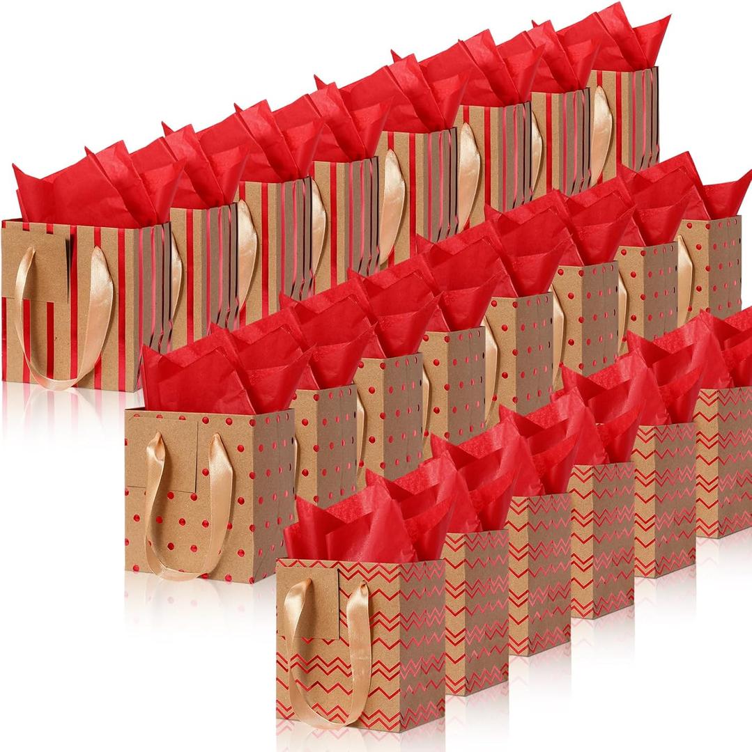 Tenare 24 Pcs Small Gift Bags Mini Metallic Paper Bags Bulk Tiny with Handles Tissue Paper for Jewelry Gift Wrapping St Patrick's Day Easter Spring Party Supply(4 x 2.8 x 4.5 Inch,Brown Red Gold)