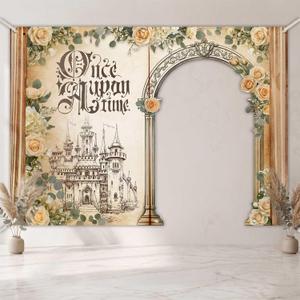 Once Upon a Time Birthday Backdrop Banner, 110x79 Inch Fairy Tale Castle Photo Booth Prop with Door Hole for Princess Theme Party Decorations, Storybook Magic Party Supplies