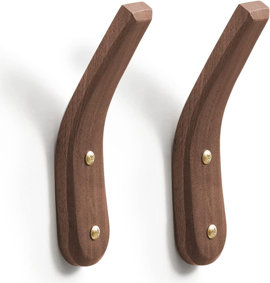 2Pack Wood Hooks Wall Mounted, Minimalist Easy Install Natural Real Walnut Cute Mid Century Modern Simple Rustic Boho Home Foyer Entryway Decor, for Hanging Hat Cap Bag Coat Towel Clothes
