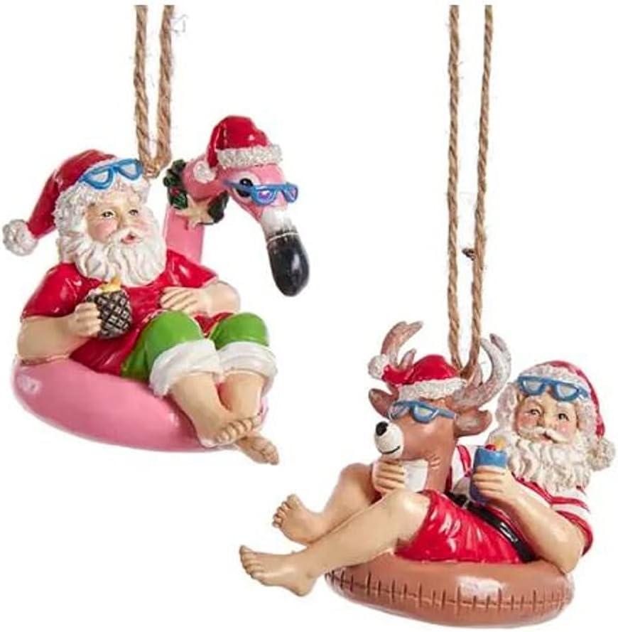 Kurt Adler Beach Santa on Flamingo and Reindeer Floats Christmas Holiday Ornaments Set of 2